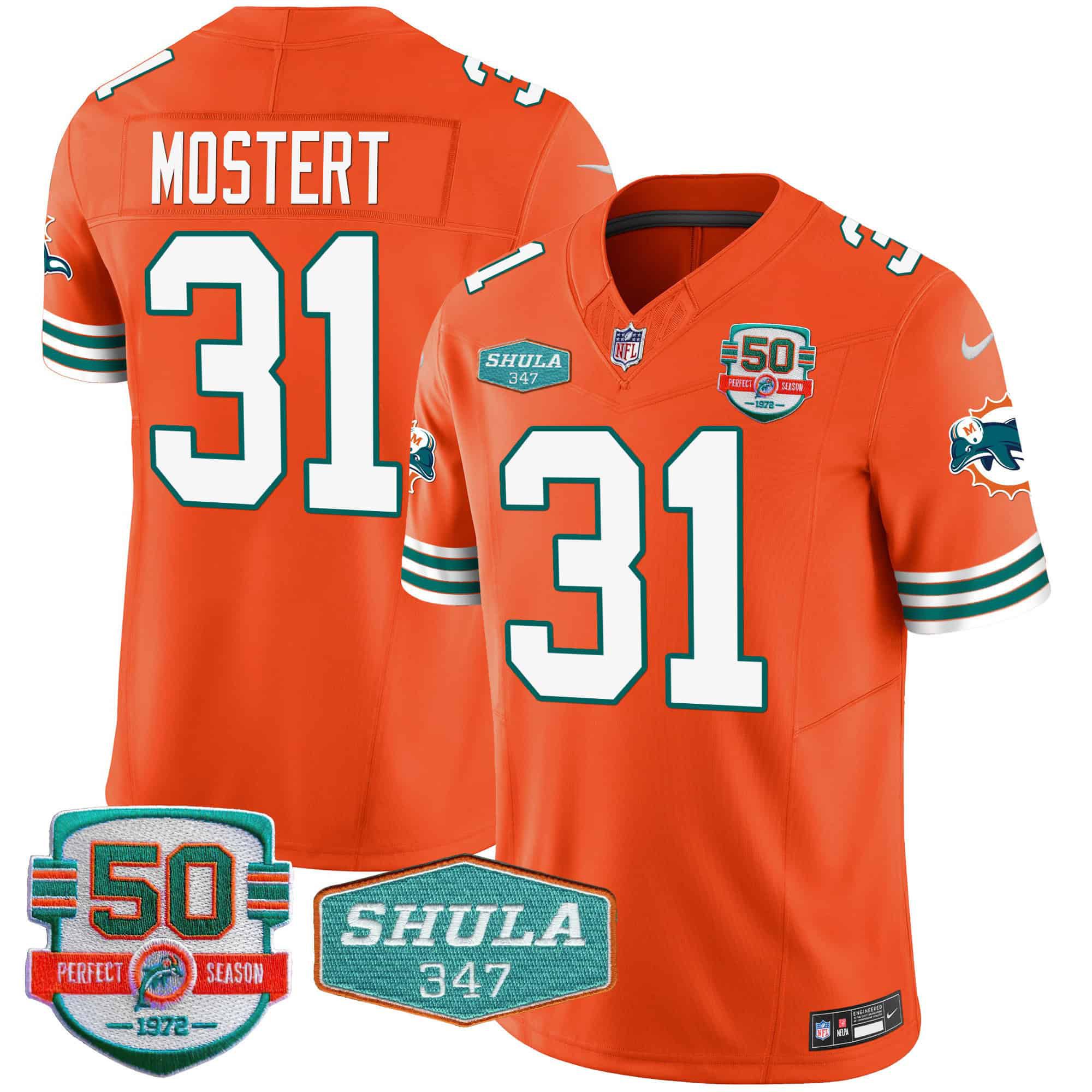 Men Miami Dolphins #31 Mostert Orange 2024 Nike Throwback Shula 347 Patch Vapor NFL Jersey